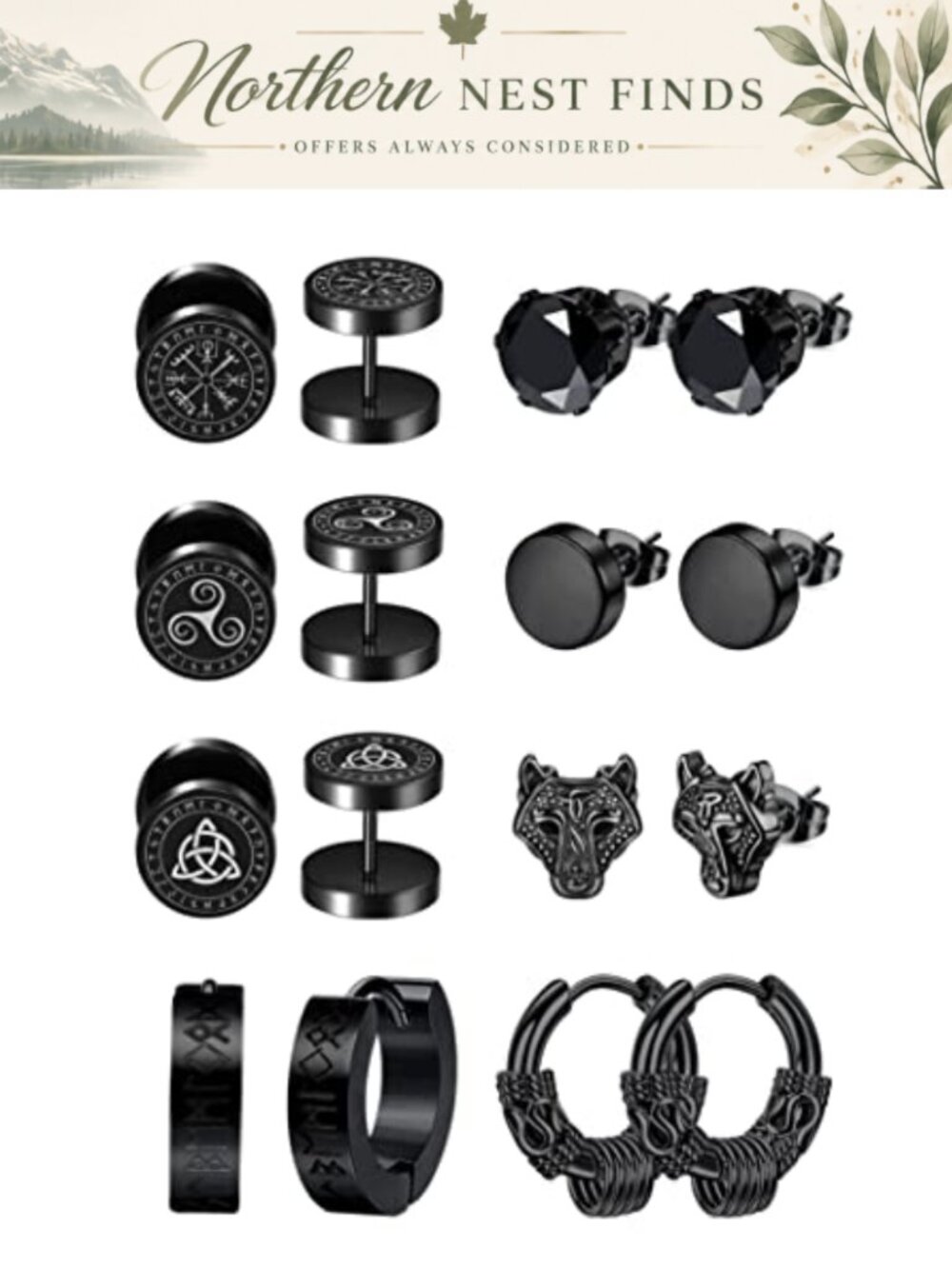 Mens Stainless Steel Earrings Set Viking Runes Stud Hoop 8 Pairs